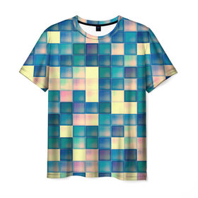Мужская футболка 3D с принтом Кубики в Екатеринбурге, 100% полиэфир | прямой крой, круглый вырез горловины, длина до линии бедер | бирюзовый | заленый | мозаика | паттерн | плитка | цветной