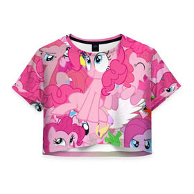 Женская футболка 3D укороченная с принтом Pinky Pie в Екатеринбурге, 100% полиэстер | круглая горловина, длина футболки до линии талии, рукава с отворотами | my little pony | луна | пинки пай | пони | рарити | рейнбоу дэш | селестия | сумеречная искорка | флаттершай | эплджек