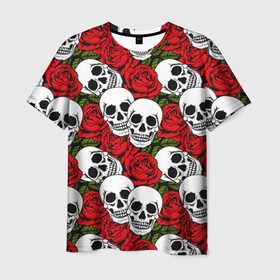 Мужская футболка 3D с принтом Черепа в розах в Екатеринбурге, 100% полиэфир | прямой крой, круглый вырез горловины, длина до линии бедер | music | rock | skull | музыка | рок | череп | черепа