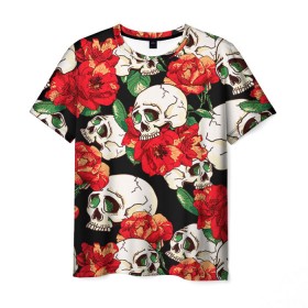 Мужская футболка 3D с принтом Черепки и розы в Екатеринбурге, 100% полиэфир | прямой крой, круглый вырез горловины, длина до линии бедер | music | rock | skull | музыка | рок | череп | черепа