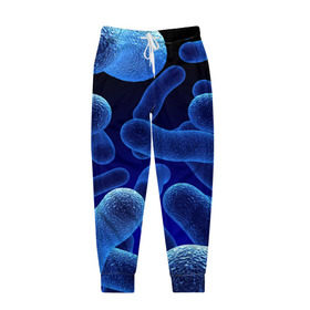Мужские брюки 3D с принтом Молекула в Екатеринбурге, 100% полиэстер | манжеты по низу, эластичный пояс регулируется шнурком, по бокам два кармана без застежек, внутренняя часть кармана из мелкой сетки | Тематика изображения на принте: медицина | микроб | молекула | синяя