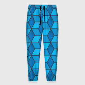 Мужские брюки 3D с принтом Blue cube в Екатеринбурге, 100% полиэстер | манжеты по низу, эластичный пояс регулируется шнурком, по бокам два кармана без застежек, внутренняя часть кармана из мелкой сетки | кубы | паттерн | синий