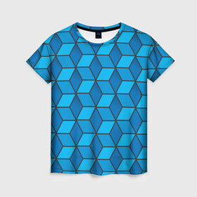 Женская футболка 3D с принтом Blue cube в Екатеринбурге, 100% полиэфир ( синтетическое хлопкоподобное полотно) | прямой крой, круглый вырез горловины, длина до линии бедер | кубы | паттерн | синий