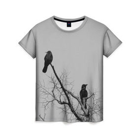 Женская футболка 3D с принтом Вороны на ветке в Екатеринбурге, 100% полиэфир ( синтетическое хлопкоподобное полотно) | прямой крой, круглый вырез горловины, длина до линии бедер | ветки | вороны | дерево