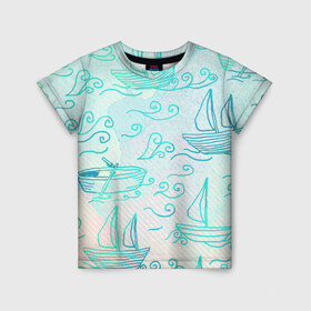 Детская футболка 3D с принтом Лазурные корабли в Екатеринбурге, 100% гипоаллергенный полиэфир | прямой крой, круглый вырез горловины, длина до линии бедер, чуть спущенное плечо, ткань немного тянется | Тематика изображения на принте: арт | волны | корабли | лодки | море | океан