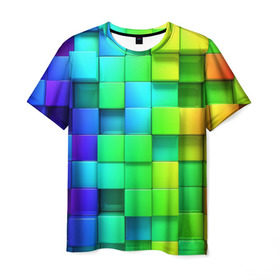 Мужская футболка 3D с принтом Кубики в Екатеринбурге, 100% полиэфир | прямой крой, круглый вырез горловины, длина до линии бедер | квадраты | кубики | радуга | разноцветные