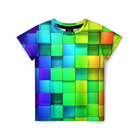Детская футболка 3D с принтом Кубики в Екатеринбурге, 100% гипоаллергенный полиэфир | прямой крой, круглый вырез горловины, длина до линии бедер, чуть спущенное плечо, ткань немного тянется | квадраты | кубики | радуга | разноцветные
