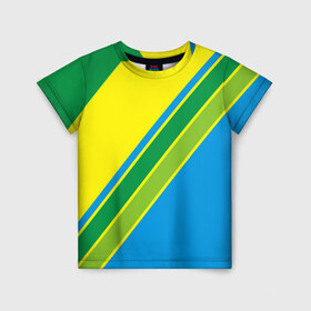 Детская футболка 3D с принтом Линии в Екатеринбурге, 100% гипоаллергенный полиэфир | прямой крой, круглый вырез горловины, длина до линии бедер, чуть спущенное плечо, ткань немного тянется | абстракция | желтый | зеленый | линии | полоски | полосы | разноцветные | синий | текстура