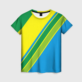 Женская футболка 3D с принтом Линии в Екатеринбурге, 100% полиэфир ( синтетическое хлопкоподобное полотно) | прямой крой, круглый вырез горловины, длина до линии бедер | абстракция | желтый | зеленый | линии | полоски | полосы | разноцветные | синий | текстура