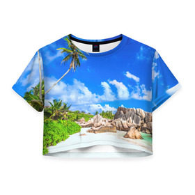 Женская футболка 3D укороченная с принтом Сейшельские острова в Екатеринбурге, 100% полиэстер | круглая горловина, длина футболки до линии талии, рукава с отворотами | seychelles | восточная африка | индийский океан | каникулы | море | островное государство | отдых | отпуск | пальмы | песок | пляж | приключение | путешествие | рай | сейшелы | сейшельские острова | туризм