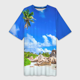 Платье-футболка 3D с принтом Сейшельские острова в Екатеринбурге,  |  | seychelles | восточная африка | индийский океан | каникулы | море | островное государство | отдых | отпуск | пальмы | песок | пляж | приключение | путешествие | рай | сейшелы | сейшельские острова | туризм