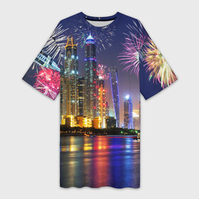 Платье-футболка 3D с принтом Салют в Дубае в Екатеринбурге,  |  | dubai | абу даби | арабские эмираты | ближний восток | богатство | бурдж халифа | дубай | изобилие | каникулы | мегаполис | нефть | оаэ | отпуск | персидский залив | праздник | роскошь | салют