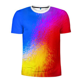 Мужская футболка 3D спортивная с принтом Взрыв красок в Екатеринбурге, 100% полиэстер с улучшенными характеристиками | приталенный силуэт, круглая горловина, широкие плечи, сужается к линии бедра | брызги | желтый | красный | синий