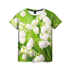 Женская футболка 3D с принтом Ландыши в Екатеринбурге, 100% полиэфир ( синтетическое хлопкоподобное полотно) | прямой крой, круглый вырез горловины, длина до линии бедер | Тематика изображения на принте: весна | ландыш | цветок