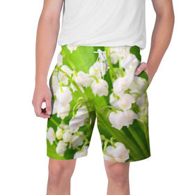 Мужские шорты 3D с принтом Ландыши в Екатеринбурге,  полиэстер 100% | прямой крой, два кармана без застежек по бокам. Мягкая трикотажная резинка на поясе, внутри которой широкие завязки. Длина чуть выше колен | весна | ландыш | цветок