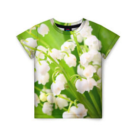 Детская футболка 3D с принтом Ландыши в Екатеринбурге, 100% гипоаллергенный полиэфир | прямой крой, круглый вырез горловины, длина до линии бедер, чуть спущенное плечо, ткань немного тянется | Тематика изображения на принте: весна | ландыш | цветок
