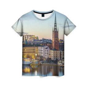 Женская футболка 3D с принтом Швеция в Екатеринбурге, 100% полиэфир ( синтетическое хлопкоподобное полотно) | прямой крой, круглый вырез горловины, длина до линии бедер | europe | stockholm | sweden | европа | ес | каникулы | отпуск | стокгольм | туризм | швеция