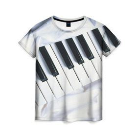 Женская футболка 3D с принтом Клавиши в Екатеринбурге, 100% полиэфир ( синтетическое хлопкоподобное полотно) | прямой крой, круглый вырез горловины, длина до линии бедер | белая | клавиши | музыка | пианино | черная