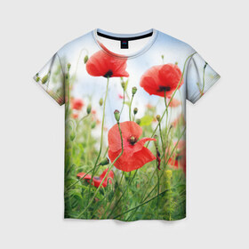 Женская футболка 3D с принтом Дикий мак в Екатеринбурге, 100% полиэфир ( синтетическое хлопкоподобное полотно) | прямой крой, круглый вырез горловины, длина до линии бедер | зелень | лето | луг | лужайка | мак | небо | облака | поле | полевые цветы | природа | растения | растительность