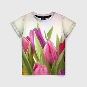 Детская футболка 3D с принтом Тюльпаны в Екатеринбурге, 100% гипоаллергенный полиэфир | прямой крой, круглый вырез горловины, длина до линии бедер, чуть спущенное плечо, ткань немного тянется | 8 марта | аромат | букет | вазон | великолепие | дача | девушки | женщины | краски | красота | куст | лужайка | милые цветы | огород | палитра | прелесть | радуга | растение | тюльпаны