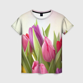 Женская футболка 3D с принтом Тюльпаны в Екатеринбурге, 100% полиэфир ( синтетическое хлопкоподобное полотно) | прямой крой, круглый вырез горловины, длина до линии бедер | Тематика изображения на принте: 8 марта | аромат | букет | вазон | великолепие | дача | девушки | женщины | краски | красота | куст | лужайка | милые цветы | огород | палитра | прелесть | радуга | растение | тюльпаны