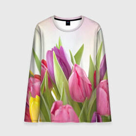 Мужской лонгслив 3D с принтом Тюльпаны в Екатеринбурге, 100% полиэстер | длинные рукава, круглый вырез горловины, полуприлегающий силуэт | 8 марта | аромат | букет | вазон | великолепие | дача | девушки | женщины | краски | красота | куст | лужайка | милые цветы | огород | палитра | прелесть | радуга | растение | тюльпаны