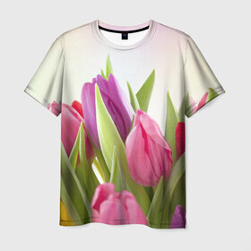 Мужская футболка 3D с принтом Тюльпаны в Екатеринбурге, 100% полиэфир | прямой крой, круглый вырез горловины, длина до линии бедер | Тематика изображения на принте: 8 марта | аромат | букет | вазон | великолепие | дача | девушки | женщины | краски | красота | куст | лужайка | милые цветы | огород | палитра | прелесть | радуга | растение | тюльпаны