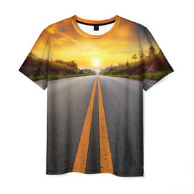 Мужская футболка 3D с принтом Дорога в закат в Екатеринбурге, 100% полиэфир | прямой крой, круглый вырез горловины, длина до линии бедер | автобус | автостоп | будущее | движение | дорога | закат | заря | маршрут | машина | мотоцикл | небо | приключения | природа | путь | рассвет | солнце | трасса | шоссе