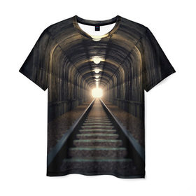 Мужская футболка 3D с принтом Бескрайний тоннель в Екатеринбурге, 100% полиэфир | прямой крой, круглый вырез горловины, длина до линии бедер | железная дорога | иллюзия | коридор | свет в конце тоннеля | тоннель