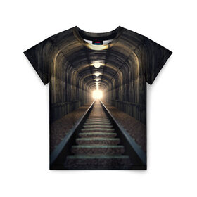 Детская футболка 3D с принтом Бескрайний тоннель в Екатеринбурге, 100% гипоаллергенный полиэфир | прямой крой, круглый вырез горловины, длина до линии бедер, чуть спущенное плечо, ткань немного тянется | железная дорога | иллюзия | коридор | свет в конце тоннеля | тоннель