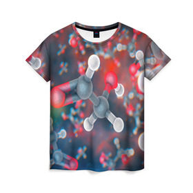 Женская футболка 3D с принтом Малекула в Екатеринбурге, 100% полиэфир ( синтетическое хлопкоподобное полотно) | прямой крой, круглый вырез горловины, длина до линии бедер | вирус | клетка | макро | медицина | молекула