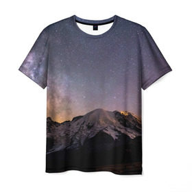 Мужская футболка 3D с принтом Звездное небо в Екатеринбурге, 100% полиэфир | прямой крой, круглый вырез горловины, длина до линии бедер | горы | звезды | космос | небо | ночь