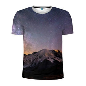 Мужская футболка 3D спортивная с принтом Звездное небо в Екатеринбурге, 100% полиэстер с улучшенными характеристиками | приталенный силуэт, круглая горловина, широкие плечи, сужается к линии бедра | горы | звезды | космос | небо | ночь