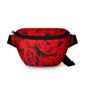 Поясная сумка 3D с принтом Розы в Екатеринбурге, 100% полиэстер | плотная ткань, ремень с регулируемой длиной, внутри несколько карманов для мелочей, основное отделение и карман с обратной стороны сумки застегиваются на молнию | букет | красная | лепестки | роза | цветы