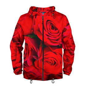 Мужская ветровка 3D с принтом Розы в Екатеринбурге, 100% полиэстер | подол и капюшон оформлены резинкой с фиксаторами, два кармана без застежек по бокам, один потайной карман на груди | Тематика изображения на принте: букет | красная | лепестки | роза | цветы