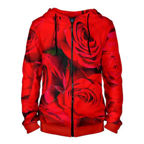 Мужская толстовка 3D на молнии с принтом Розы в Екатеринбурге, 100% полиэстер | длина до линии бедра, манжеты и пояс оформлены мягкой тканевой резинкой, двухслойный капюшон со шнурком для регулировки, спереди молния, по бокам два кармана | букет | красная | лепестки | роза | цветы