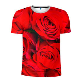 Мужская футболка 3D спортивная с принтом Розы в Екатеринбурге, 100% полиэстер с улучшенными характеристиками | приталенный силуэт, круглая горловина, широкие плечи, сужается к линии бедра | букет | красная | лепестки | роза | цветы