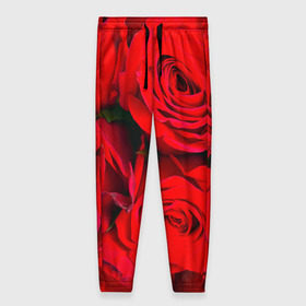 Женские брюки 3D с принтом Розы в Екатеринбурге, полиэстер 100% | прямой крой, два кармана без застежек по бокам, с мягкой трикотажной резинкой на поясе и по низу штанин. В поясе для дополнительного комфорта — широкие завязки | букет | красная | лепестки | роза | цветы