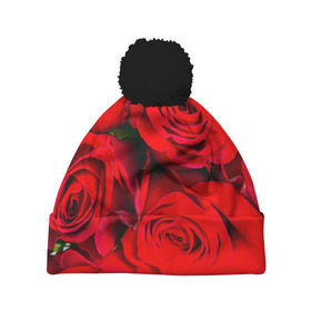 Шапка 3D c помпоном с принтом Розы в Екатеринбурге, 100% полиэстер | универсальный размер, печать по всей поверхности изделия | букет | красная | лепестки | роза | цветы
