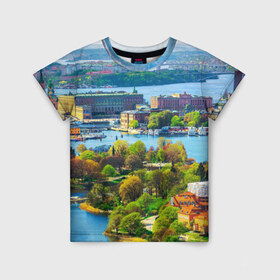 Детская футболка 3D с принтом Швеция в Екатеринбурге, 100% гипоаллергенный полиэфир | прямой крой, круглый вырез горловины, длина до линии бедер, чуть спущенное плечо, ткань немного тянется | Тематика изображения на принте: europe | stockholm | sweden | европа | ес | каникулы | отпуск | стокгольм | туризм | швеция