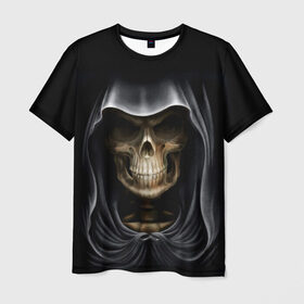 Мужская футболка 3D с принтом Скелет в капюшоне в Екатеринбурге, 100% полиэфир | прямой крой, круглый вырез горловины, длина до линии бедер | 