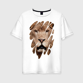 Женская футболка хлопок Oversize с принтом Грозный лев в Екатеринбурге, 100% хлопок | свободный крой, круглый ворот, спущенный рукав, длина до линии бедер
 | leo | lion | власть | вырез | дикая кошка | животное | зверь | король джунглей | лев | лик | мощь | мудрость | охотник | сила | след | хищник | царь зверей