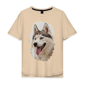 Мужская футболка хлопок Oversize с принтом Симпотяга волк в Екатеринбурге, 100% хлопок | свободный крой, круглый ворот, “спинка” длиннее передней части | зверь | серый | хаски | хаски бандит