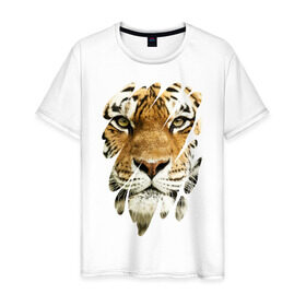 Мужская футболка хлопок с принтом Лик тигра в Екатеринбурге, 100% хлопок | прямой крой, круглый вырез горловины, длина до линии бедер, слегка спущенное плечо. | tiger | дикая кошка | тигр | хищник