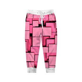 Детские брюки 3D с принтом Кубики в Екатеринбурге, 100% полиэстер | манжеты по низу, эластичный пояс регулируется шнурком, по бокам два кармана без застежек, внутренняя часть кармана из мелкой сетки | квадраты | объем | плитка | розовый