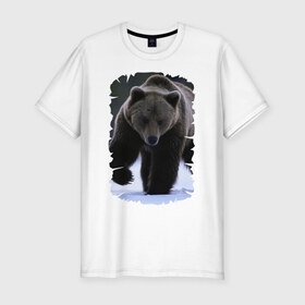 Мужская футболка премиум с принтом Русский медведь в Екатеринбурге, 92% хлопок, 8% лайкра | приталенный силуэт, круглый вырез ворота, длина до линии бедра, короткий рукав | берлога | животное | зверь | косолапый | медведь | мишка | потапыч | хищник | хозяин тайги