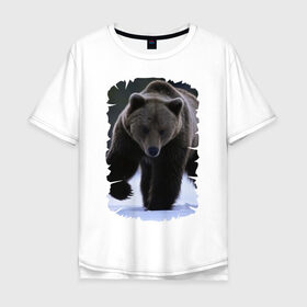 Мужская футболка хлопок Oversize с принтом Русский медведь в Екатеринбурге, 100% хлопок | свободный крой, круглый ворот, “спинка” длиннее передней части | берлога | животное | зверь | косолапый | медведь | мишка | потапыч | хищник | хозяин тайги