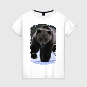 Женская футболка хлопок с принтом Русский медведь в Екатеринбурге, 100% хлопок | прямой крой, круглый вырез горловины, длина до линии бедер, слегка спущенное плечо | берлога | животное | зверь | косолапый | медведь | мишка | потапыч | хищник | хозяин тайги