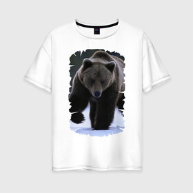 Женская футболка хлопок Oversize с принтом Русский медведь в Екатеринбурге, 100% хлопок | свободный крой, круглый ворот, спущенный рукав, длина до линии бедер
 | берлога | животное | зверь | косолапый | медведь | мишка | потапыч | хищник | хозяин тайги