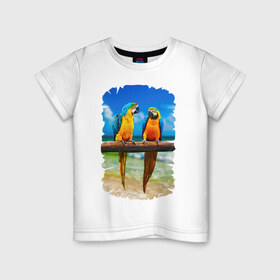 Детская футболка хлопок с принтом Попугаи в Екатеринбурге, 100% хлопок | круглый вырез горловины, полуприлегающий силуэт, длина до линии бедер | джунгли | клюв | острова | перья | попугай | птица | тропики | экзотика